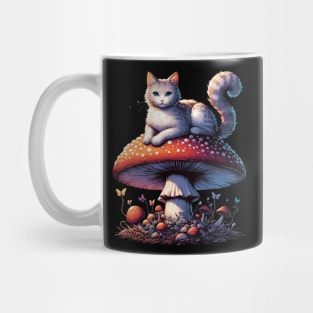 Funny Vintage White Cat in Mushroom Garden Mug